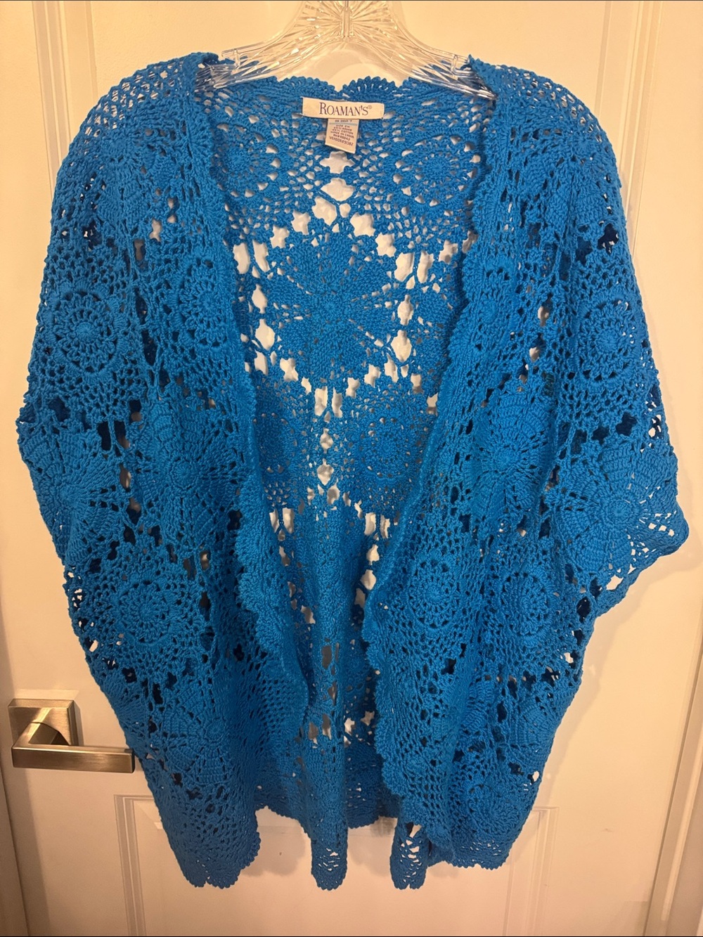 Roaman's Bright Blue Crochet Open-Front Poncho Shrug
